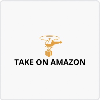 Icon of an orange helicopter delivering a package with take amazon on written underneath